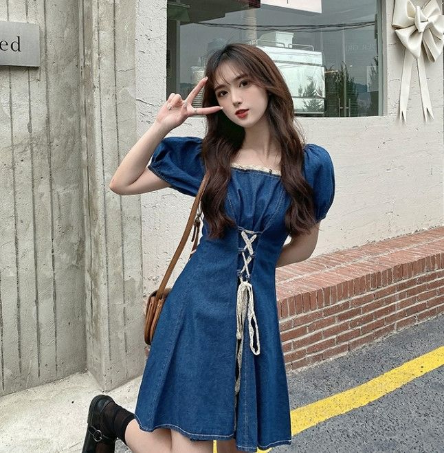 預購-2226可愛花邊綁帶顯瘦方領牛仔連身裙