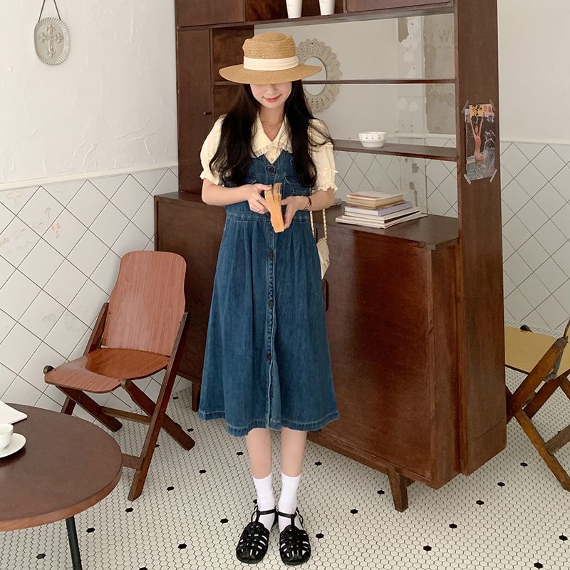 預購-2229雙口袋復古俏皮牛仔背帶連身裙