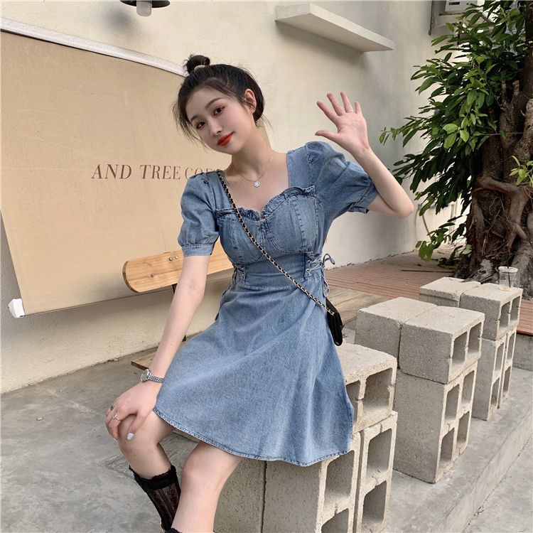 預購-2232港味ins風系帶收腰木耳邊牛仔連身裙