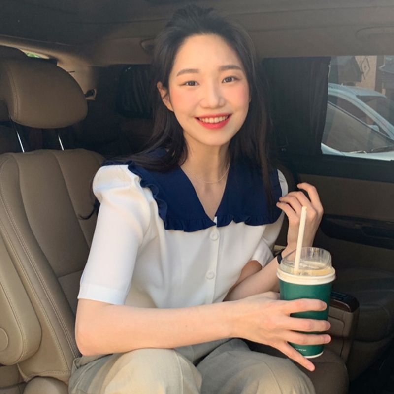 預購-2233復古海軍風撞色大翻領短袖襯衫（有大尺碼）