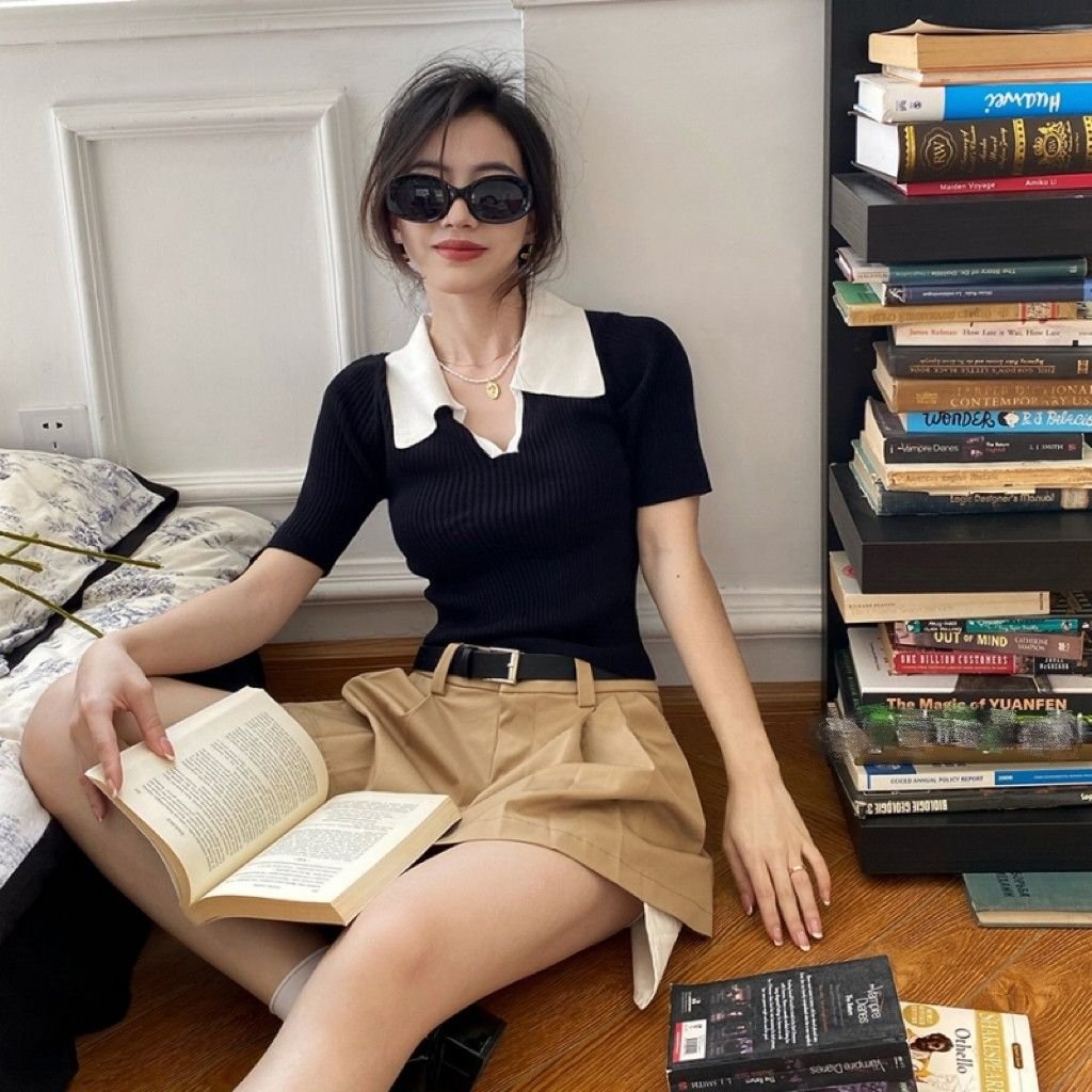 預購-2238法式撞色性感翻領上衣-黑色