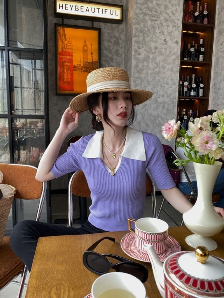 預購-2238法式撞色性感翻領上衣-紫色