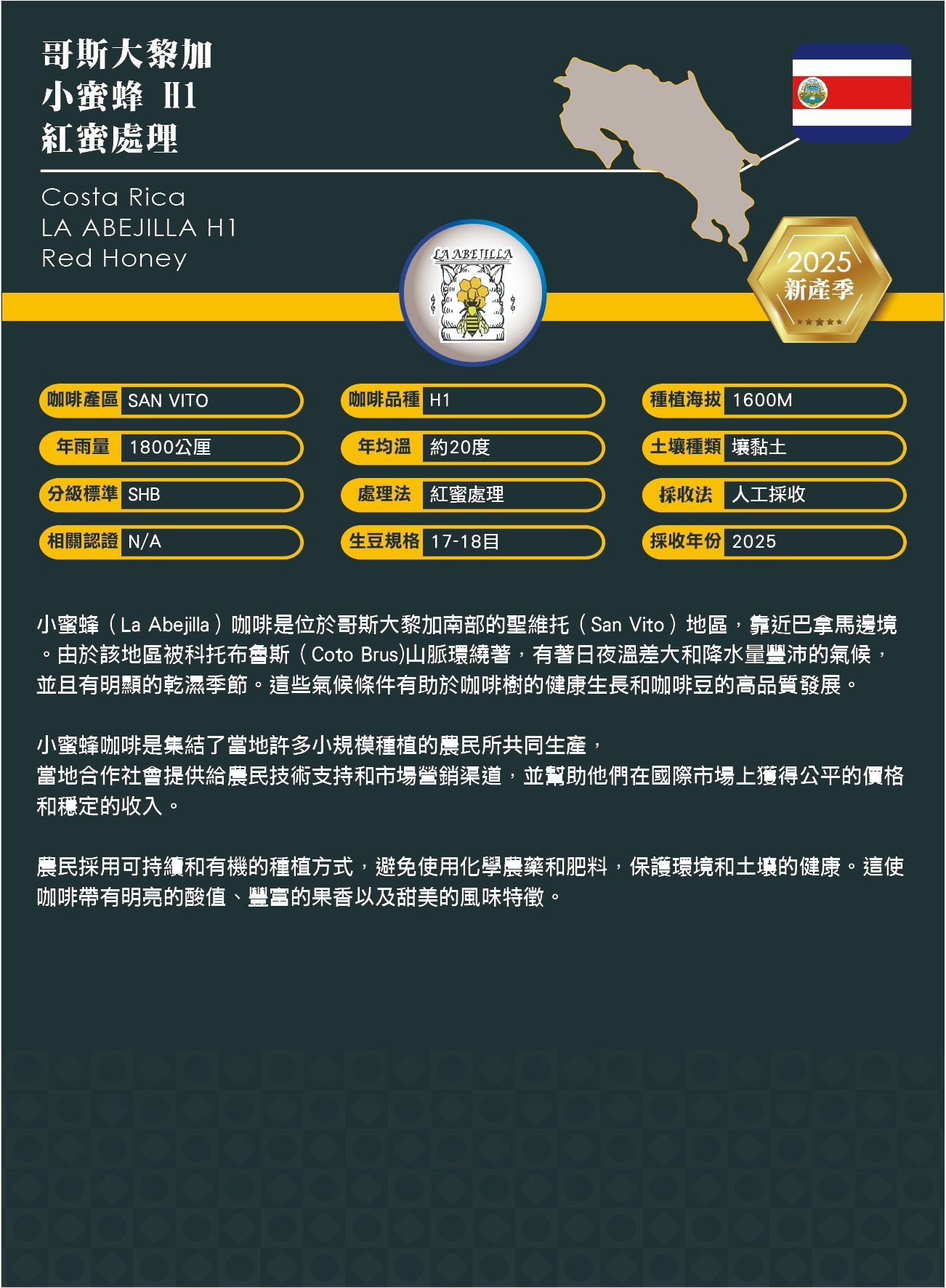 哥斯⼤黎加 ⼩蜜蜂 H1 紅蜜處理