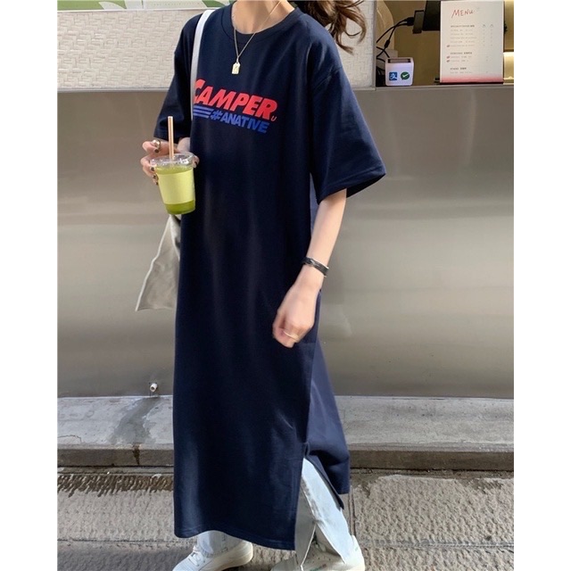 （現貨出清）韓版過膝休閒短袖開叉連衣裙