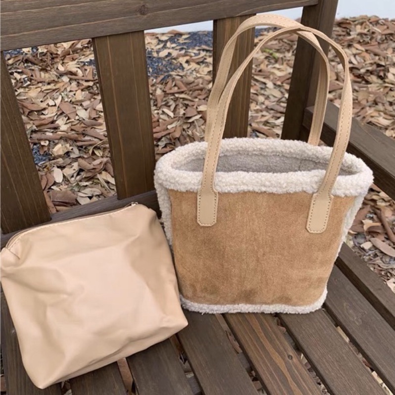 （現貨售完不補）時尚復古仿羊羔毛單肩手提包（子母包）