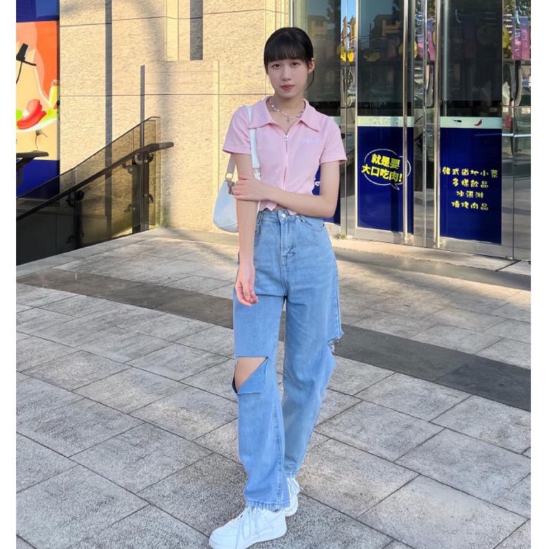 （現貨出清XL）采婕/紫蓉同款📷刷破設計闊腿直筒牛仔褲（腰圍可調節）