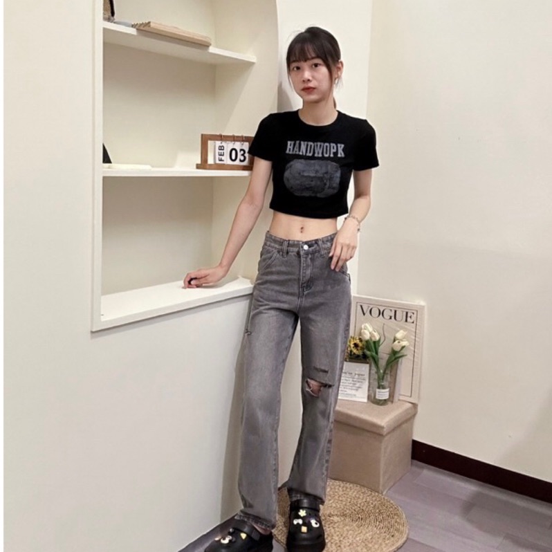 （現貨出清）棉質復古美式印刷修身顯瘦短版T