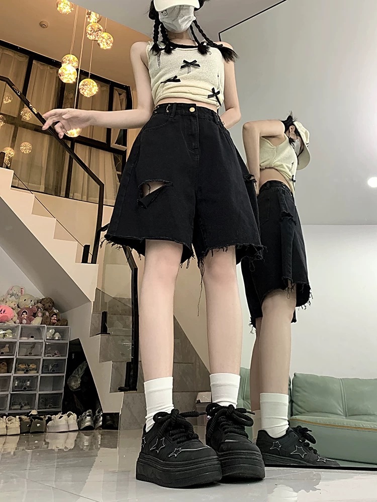 （現貨黑L）刷破五分牛仔褲