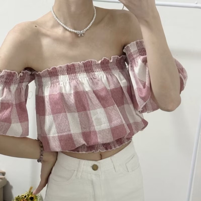 （現貨出清）鬆緊帶不怕滑落露肩性感格子平口一字領