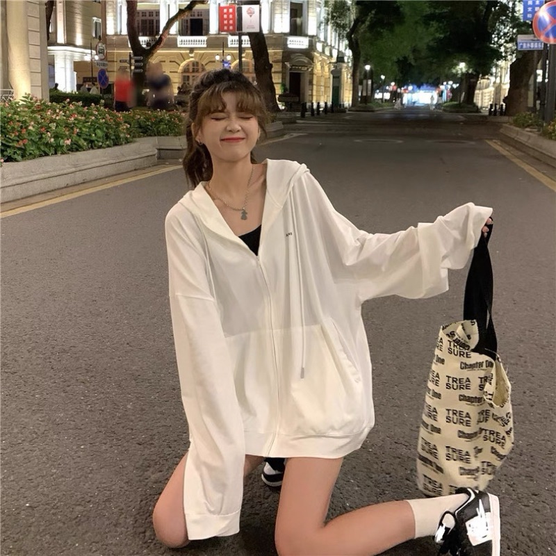 慵懶寬鬆拉鍊防曬透膚連帽外套