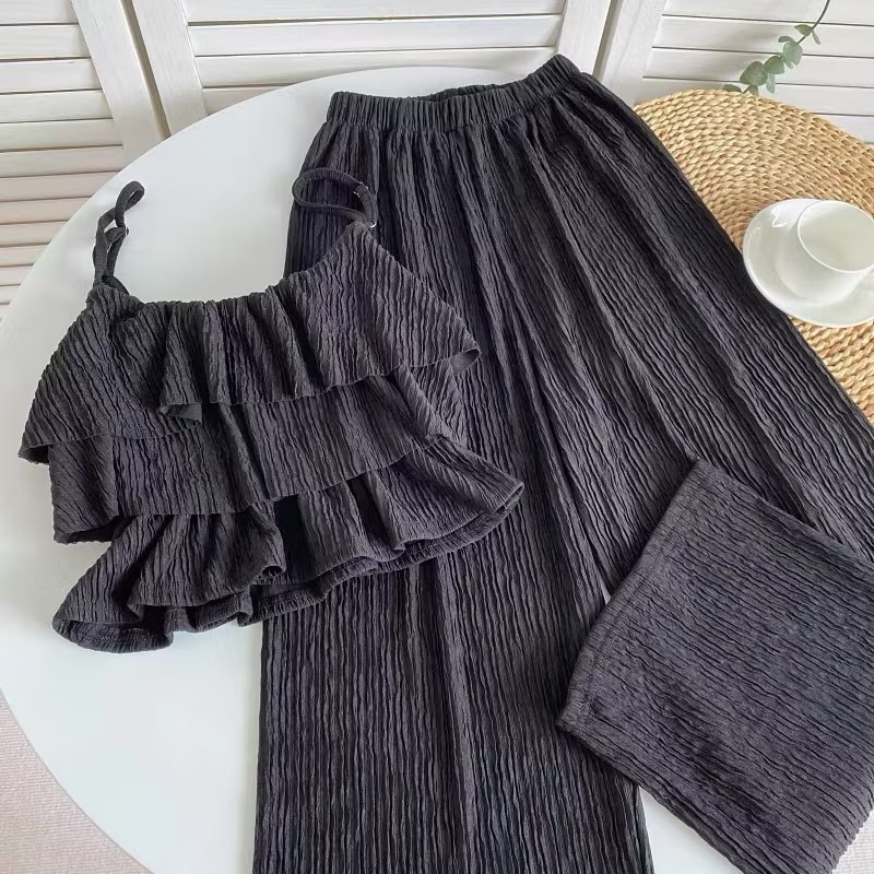 荷葉邊短款吊帶+直筒闊腿垂感褲