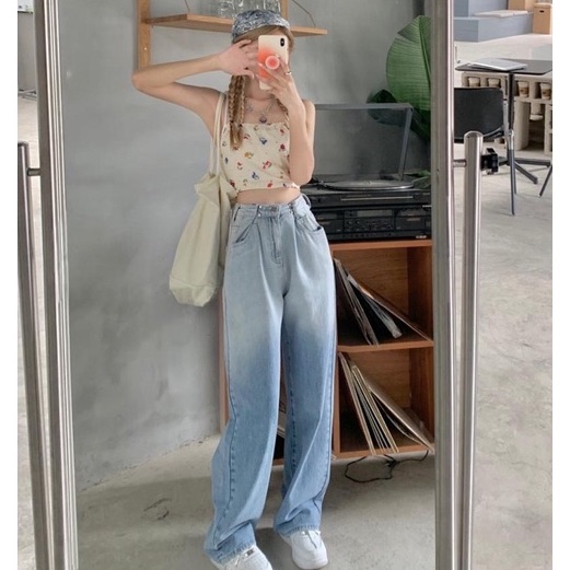 漸層刷染直筒寬闊腿牛仔長褲（褲頭可調節）