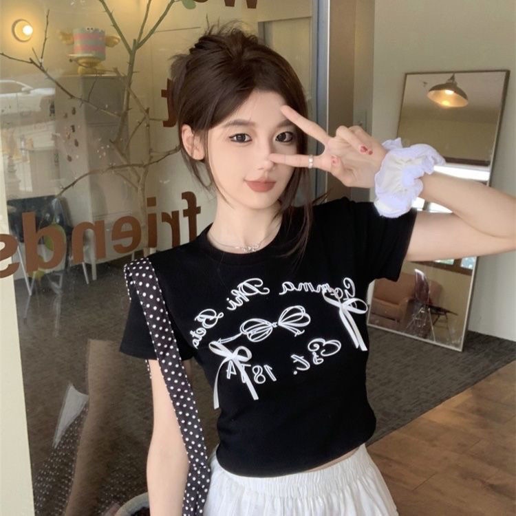 🎀韓系綁帶蝴蝶結字母短版墊肩短T