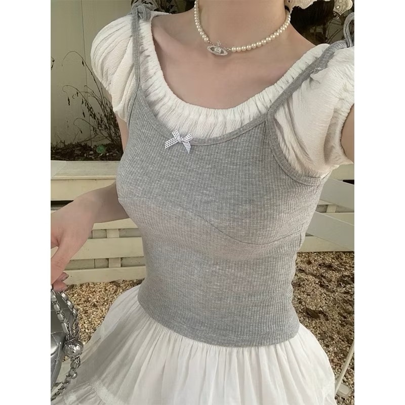 🩶夏日芭蕾拼接泡泡袖假兩件短Ｔ