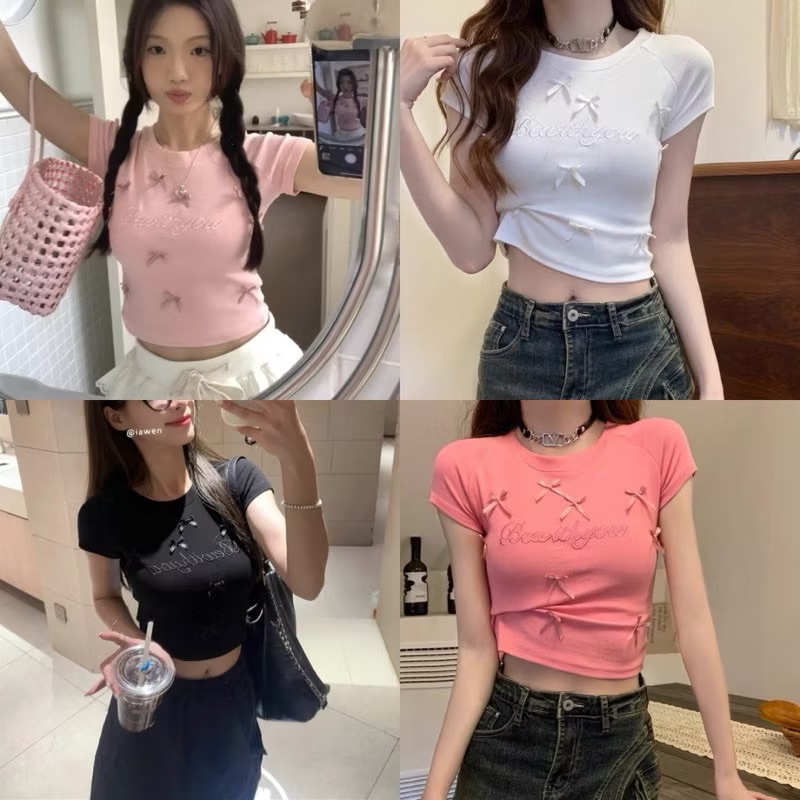 芭蕾風蝴蝶結修身短版針織衣