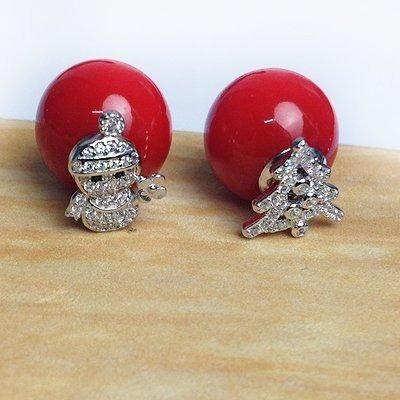 香港 正生銀飾 大紅珠聖誕風耳環（雪人＆聖誕樹） 耳針【現貨】