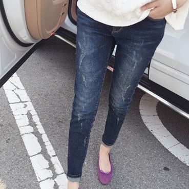 韓款女款彈性瘦腳修身牛仔褲