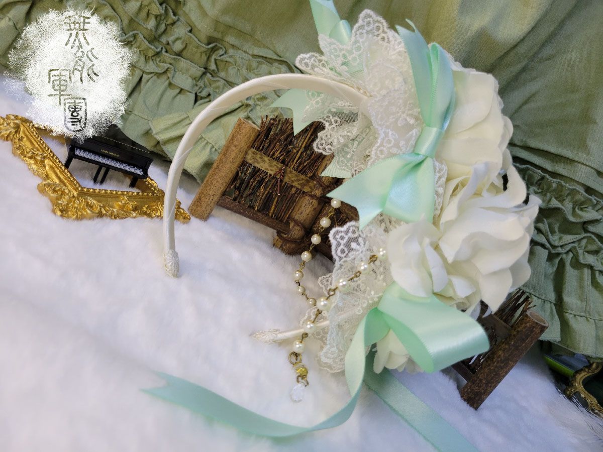 幽冥家白色花朵薄荷色蝴蝶結珠鍊KC