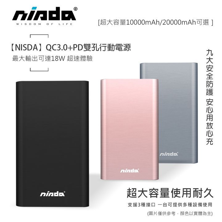 9折【NISDA】QC3.0+PD雙孔 18W快充大容量行動電源（10000mAh/20000mAh）