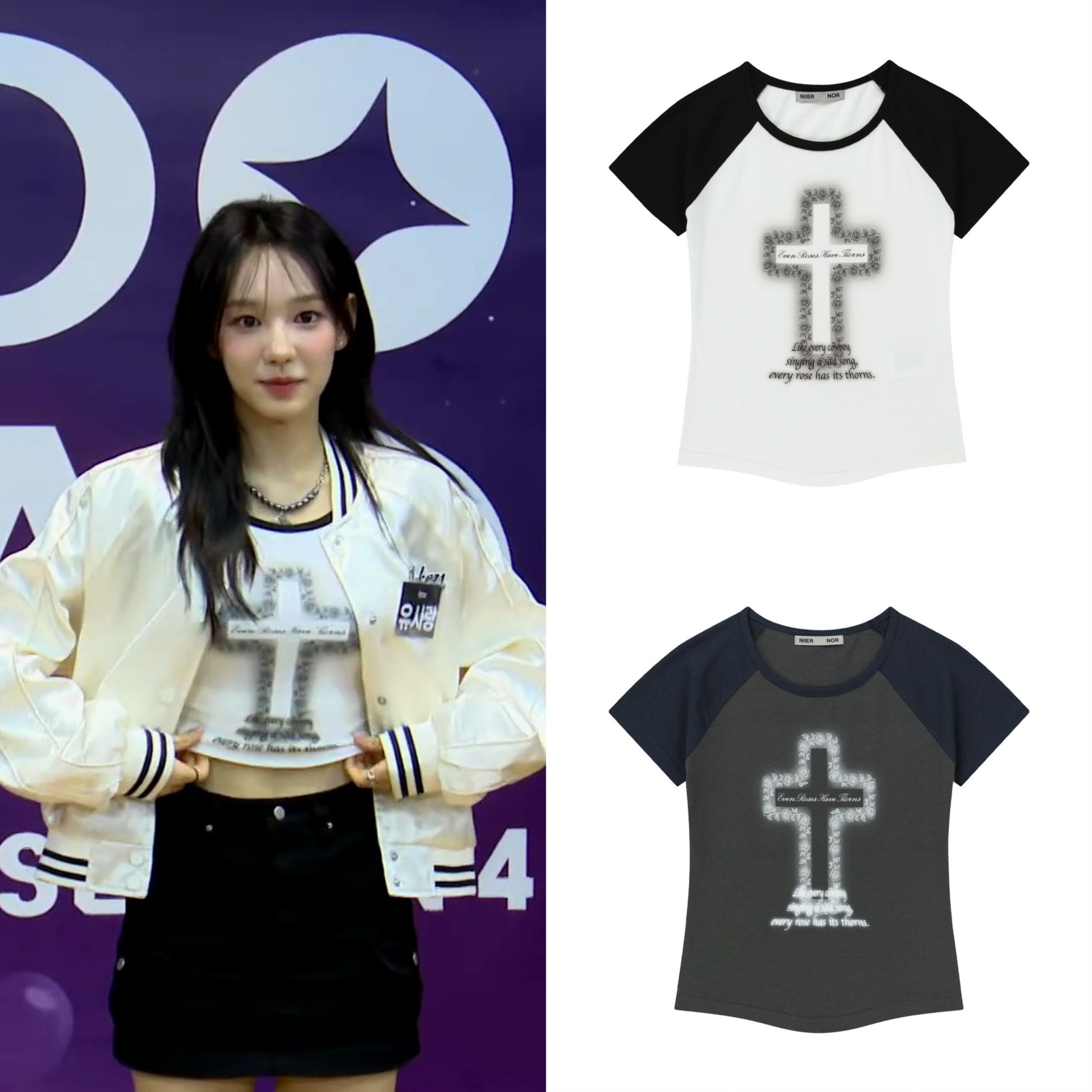 izna柳莎朗同款 Niier noir CROSS ROSE RAGLAN TEE