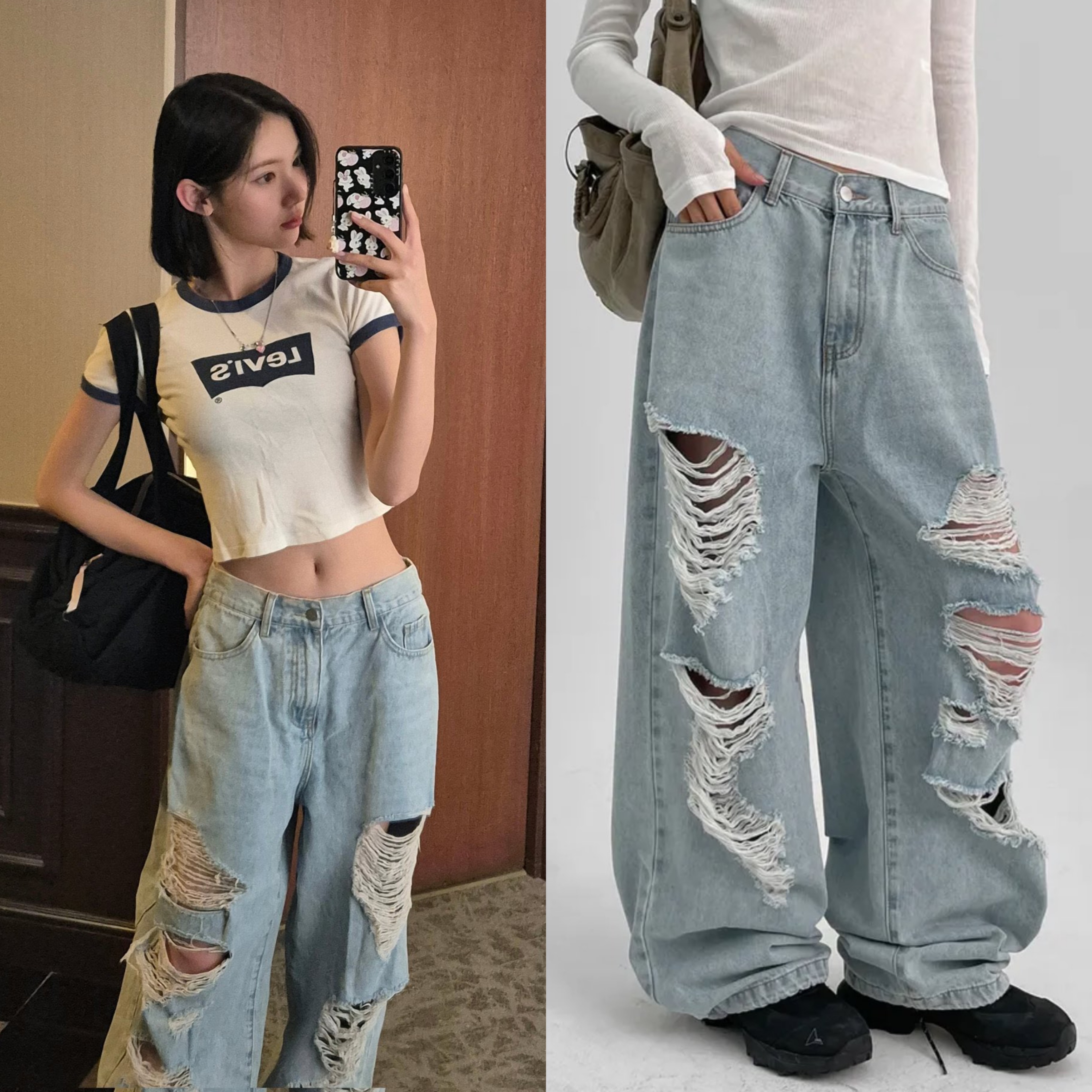H2H Jiwoo同款 BLACKUP自訂款 포슬린 데미지 뒷밴딩 데님팬츠