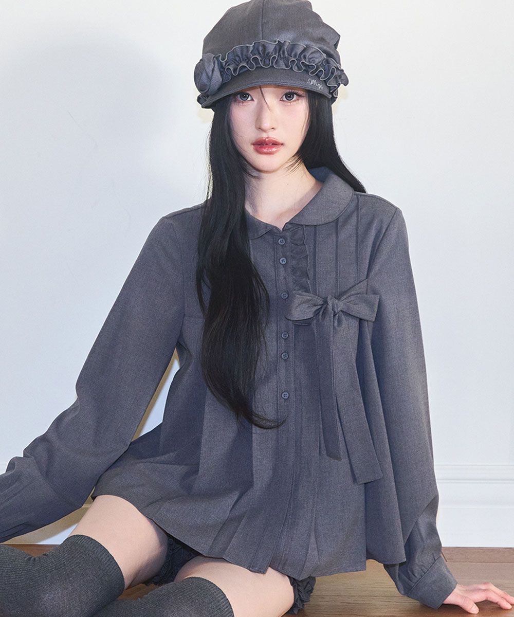 Illigo 리본 플리츠 블라우스