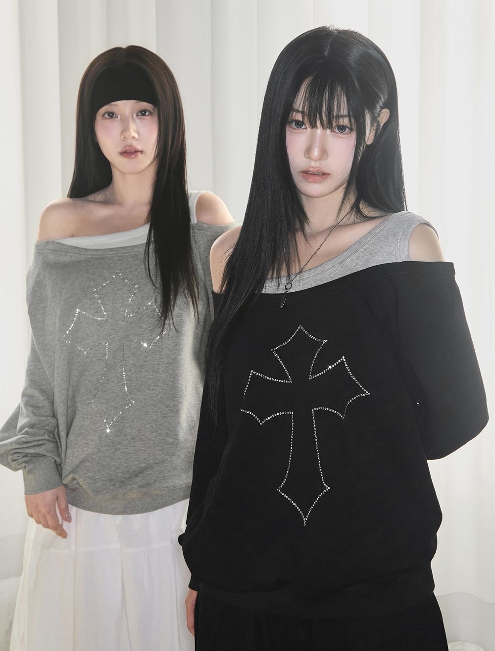 Looxp 十字架露肩上衣 크로스 큐빅 원오프 오버핏 맨투맨