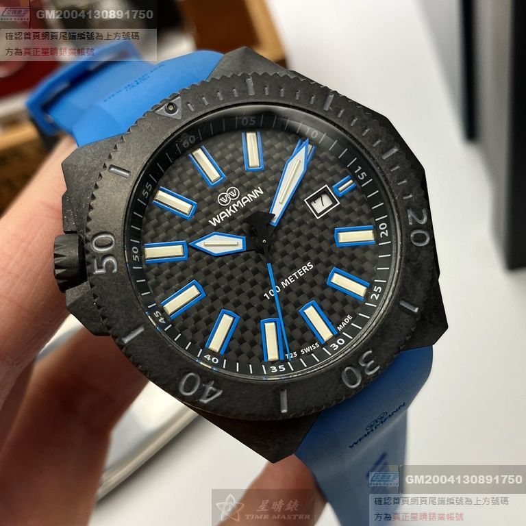 WAKMANN手錶，編號WA00004，46mm槍灰色錶殼，寶藍錶帶款
