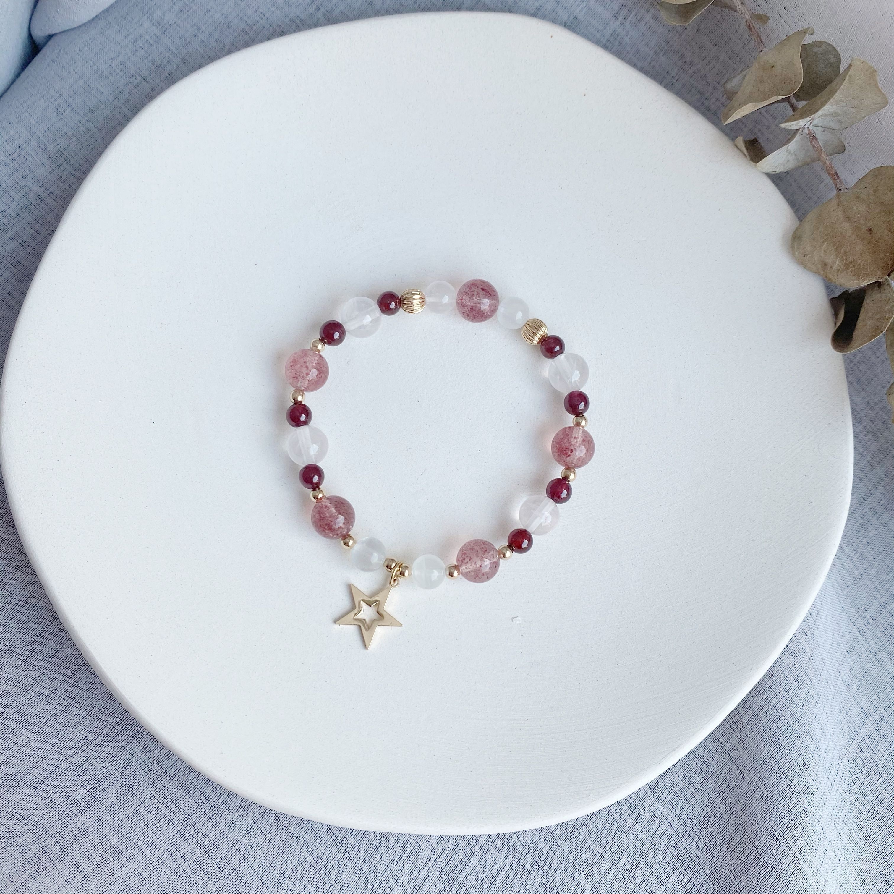 【口紅】- 草莓晶石榴石粉晶月光石手鍊
