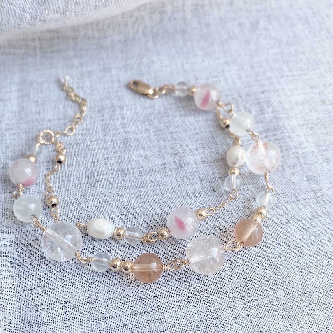 【落葉歸風】- 薔薇輝粉紅火焰阿賽斯特萊橙兔毛藍月光手鍊