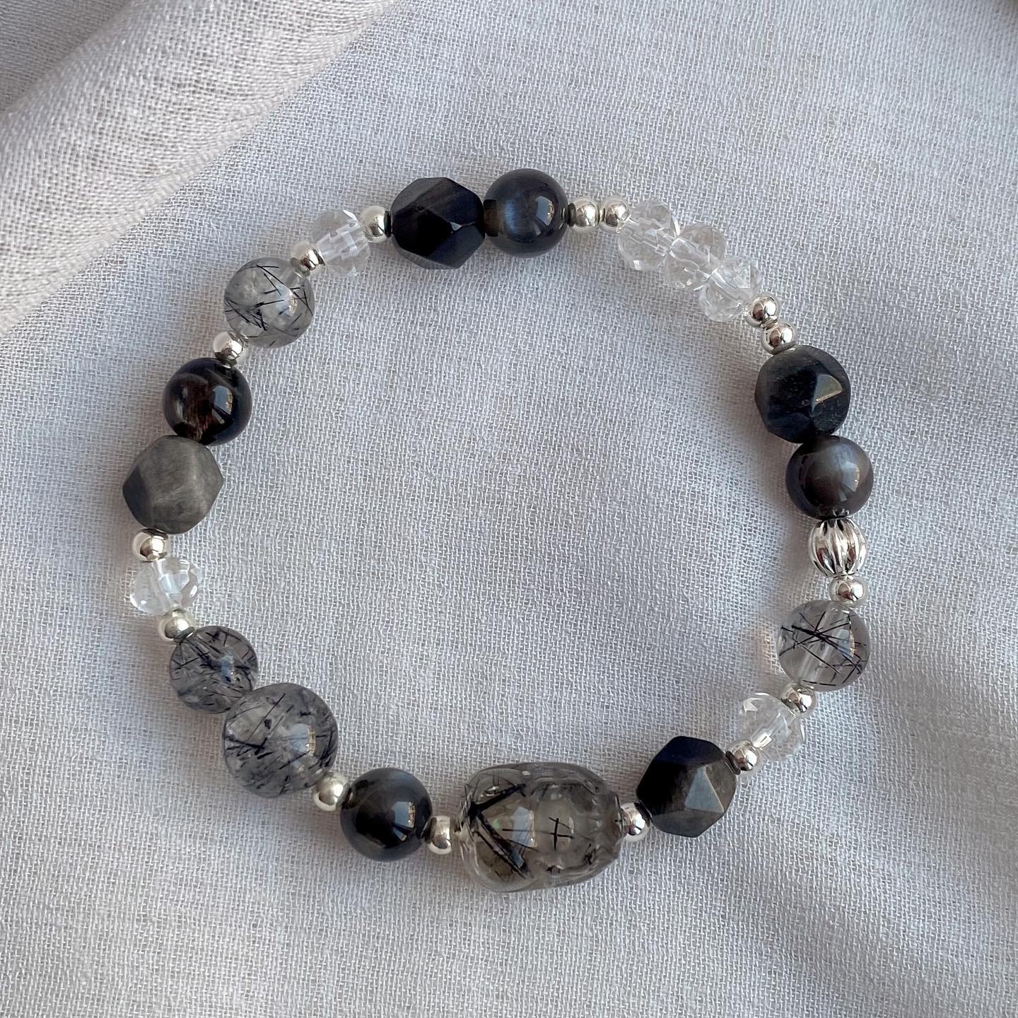 【光與影】- 黑髮晶黑骨幹銀曜石白水晶手鏈