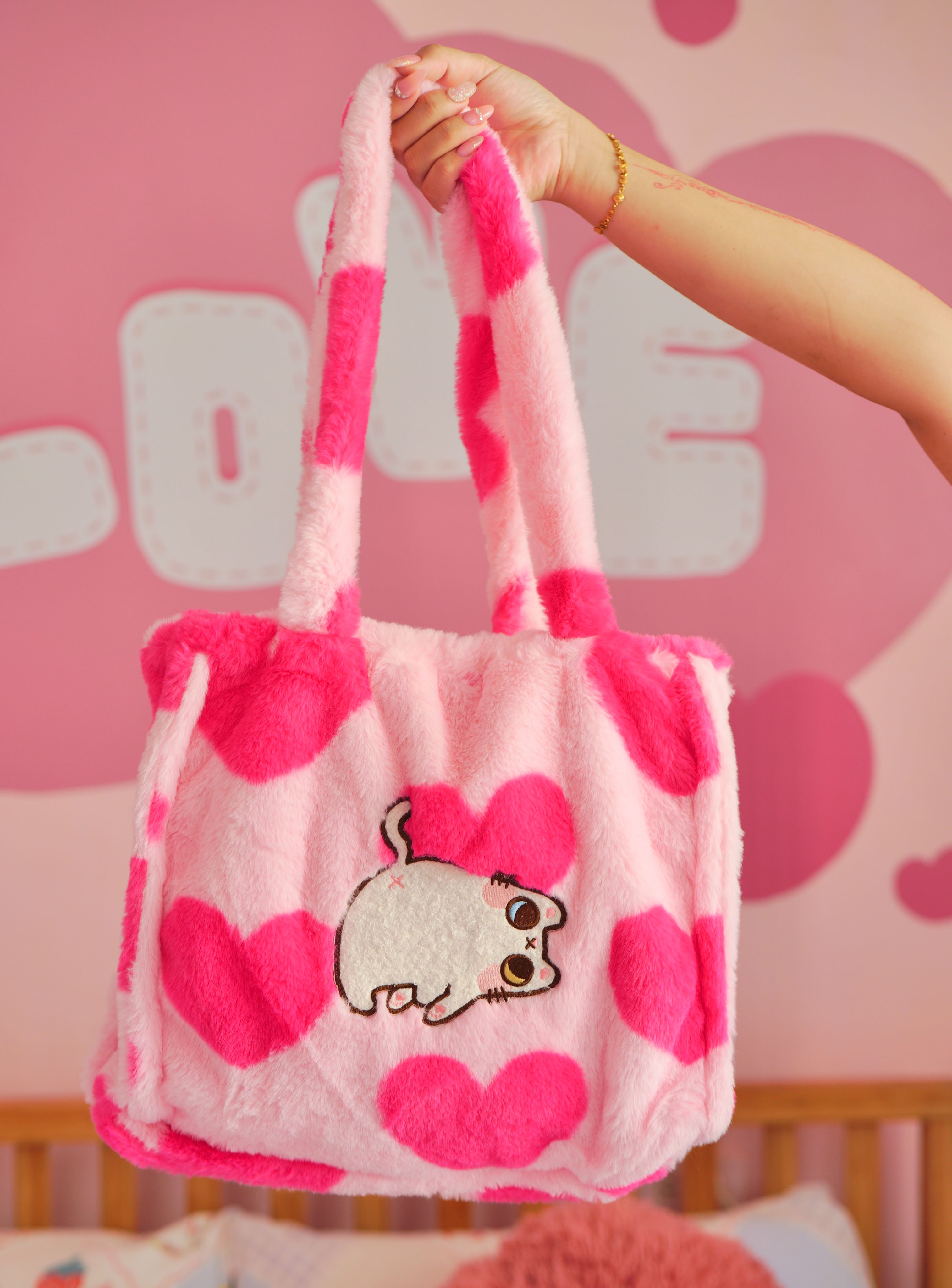 肉球手作粉色愛心毛絨包包