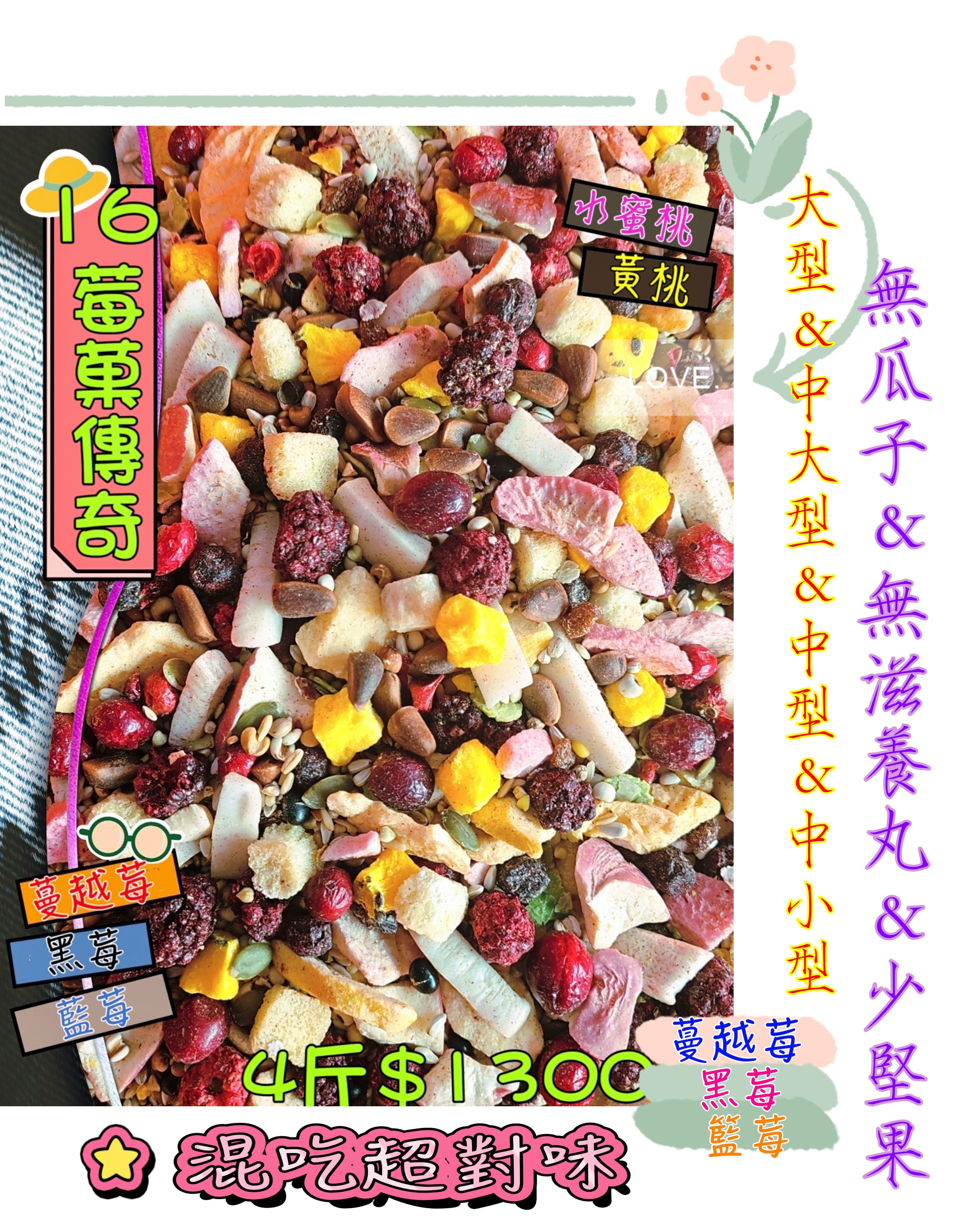 {集鸚社}16號💥鸚鵡日糧💥高質量¤熟化料¤養身健康餐＜無瓜子＆少堅果＆無滋養丸＞中型×中大型重水菓凍干首選-無殼