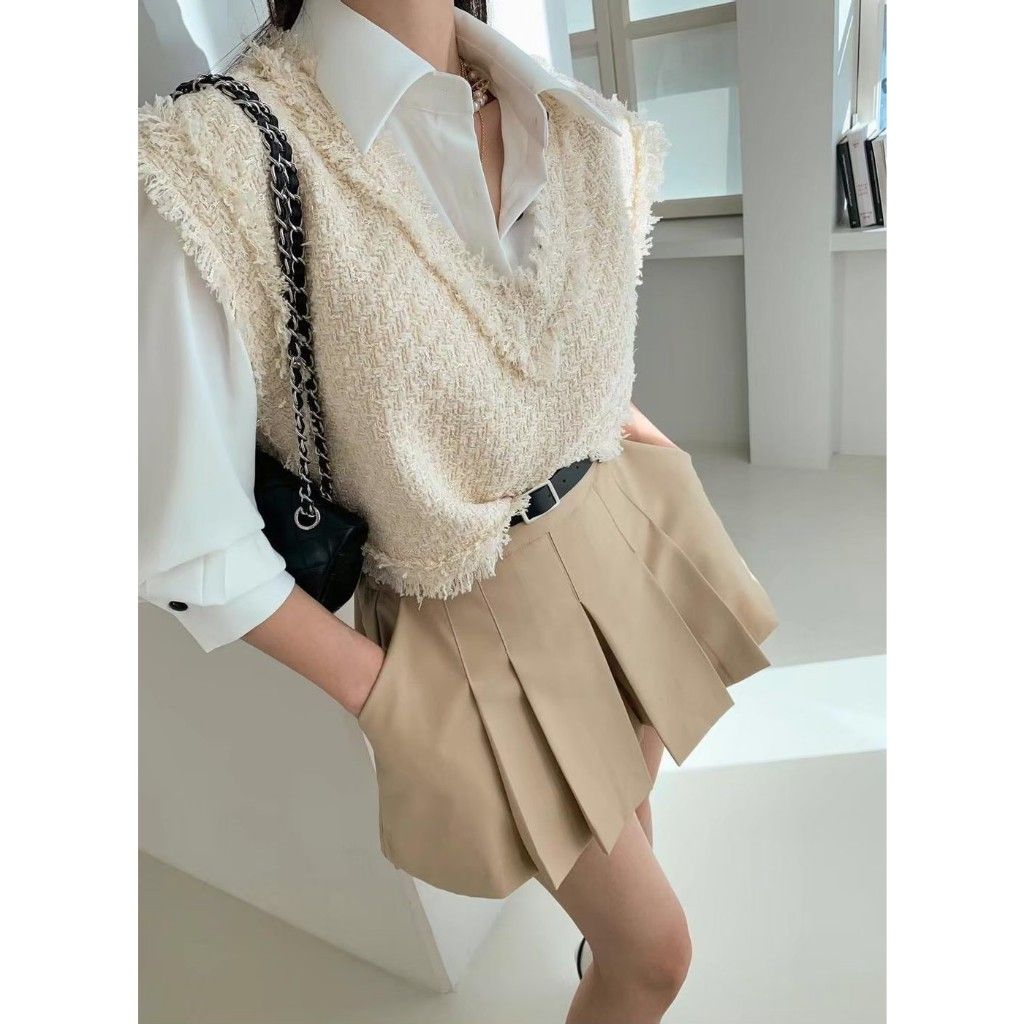 韓系 時尚小姐姐 歐膩款 質感 V領小香馬甲背心 V領 小香 毛呢感 金蔥 馬甲 背心 流蘇