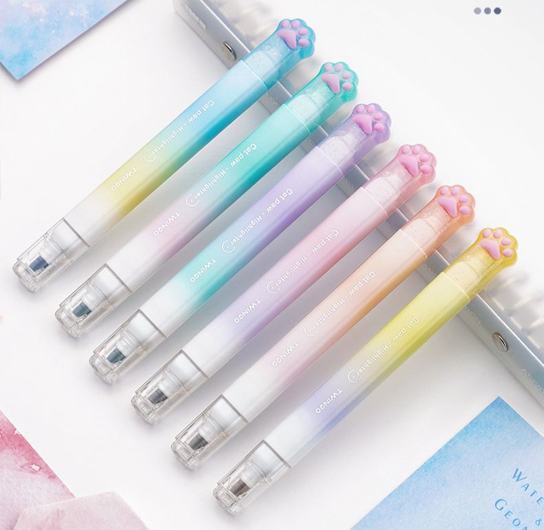 超粉嫩《漸層貓爪/貓掌雙頭螢光筆》手帳/畫重點/繪圖試用-雙頭雙色一套6支