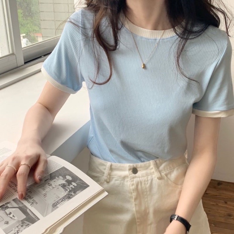 撞色滾邊奶油色系短袖