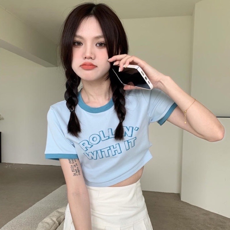 圓領寬鬆撞色緊身印花短袖T