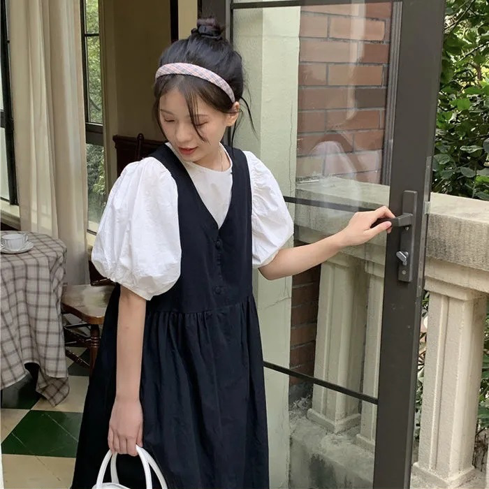 韓版實拍學院風V領背帶裙