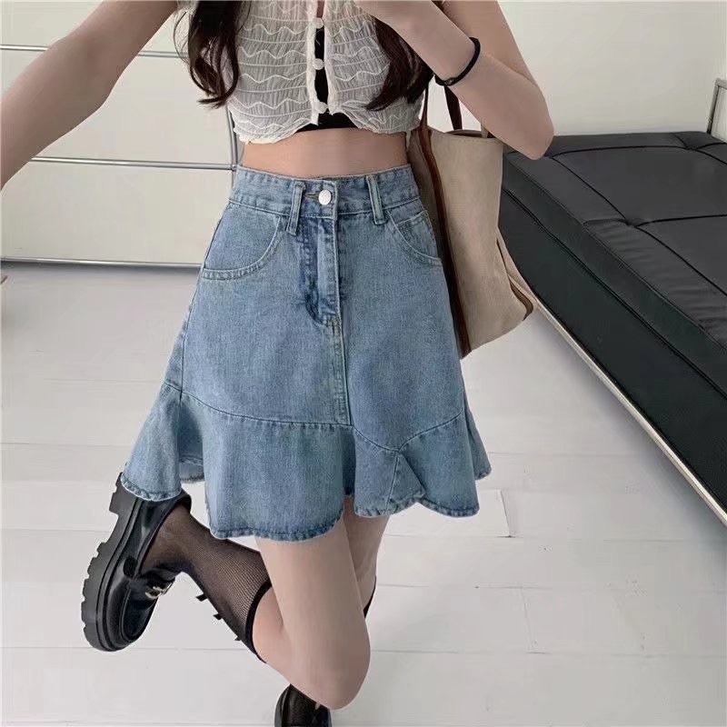 高腰半身包臀寬擺牛仔短裙