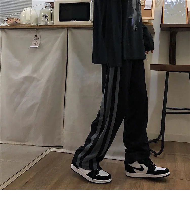 日系運動寬鬆直筒高腰褲