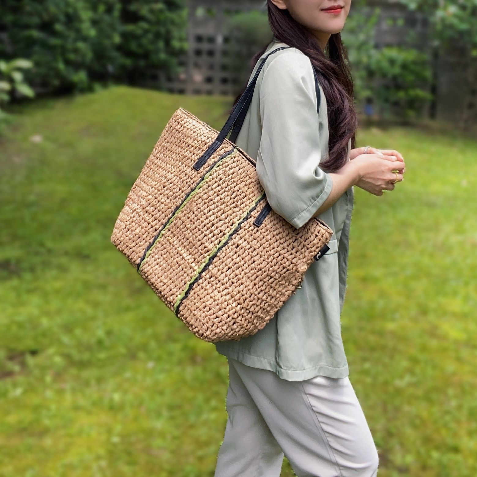 ROOTOTE 海島風紙編織肩背包/ 時尚編織肩背包-灰白色