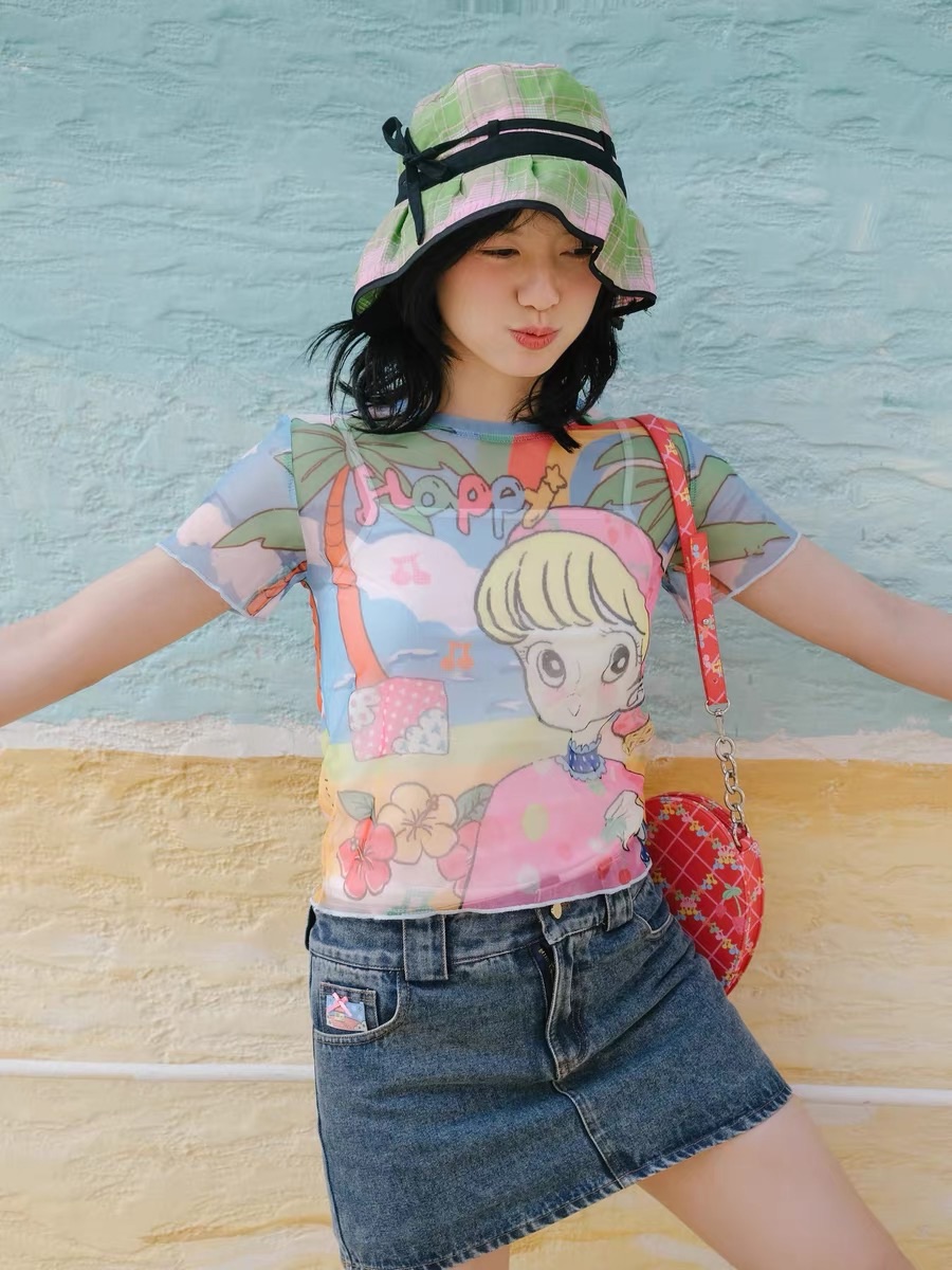 夏日椰樹海島少女網紗T+背心