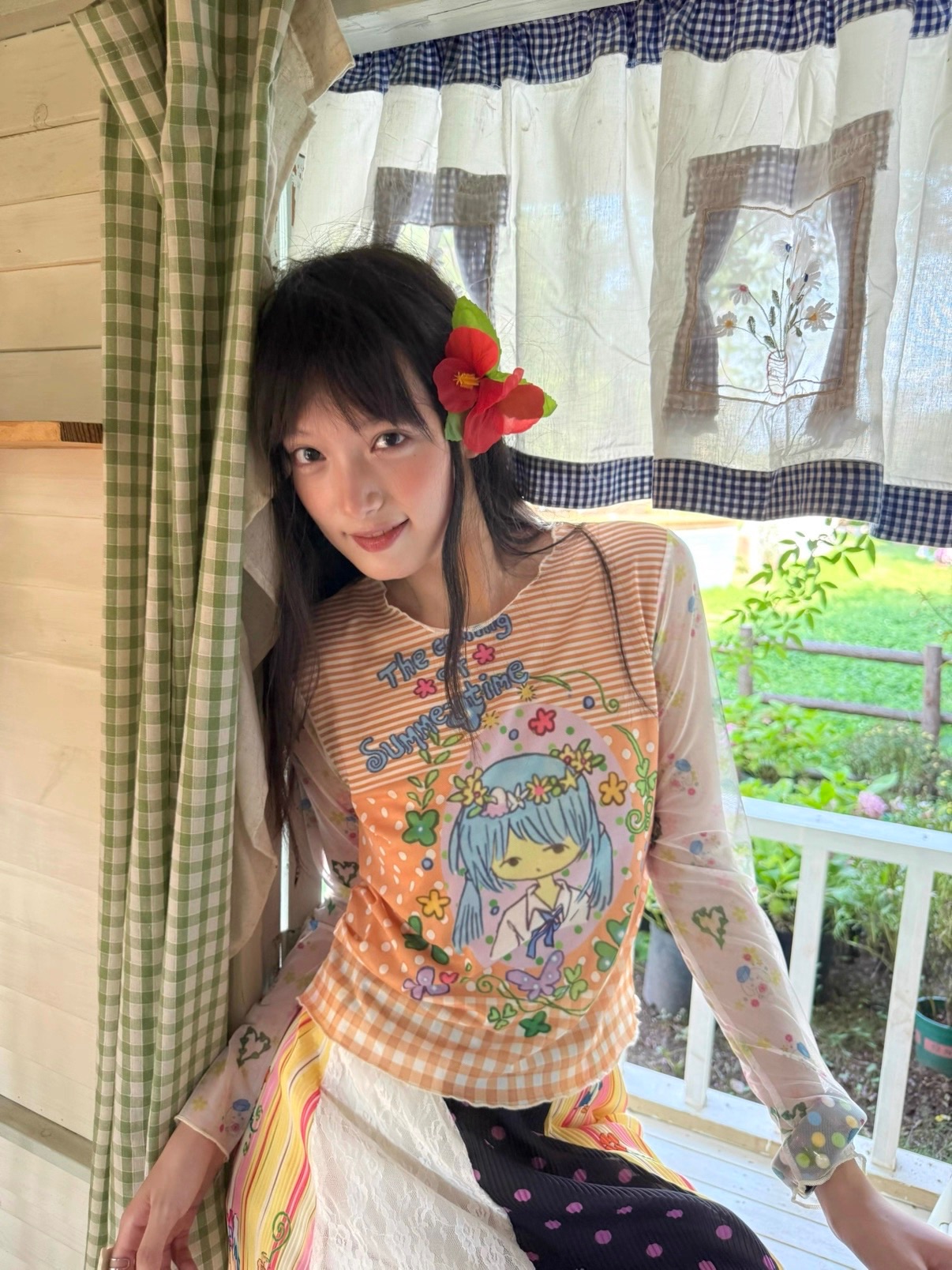 New🍓 少女印花打底網紗長T