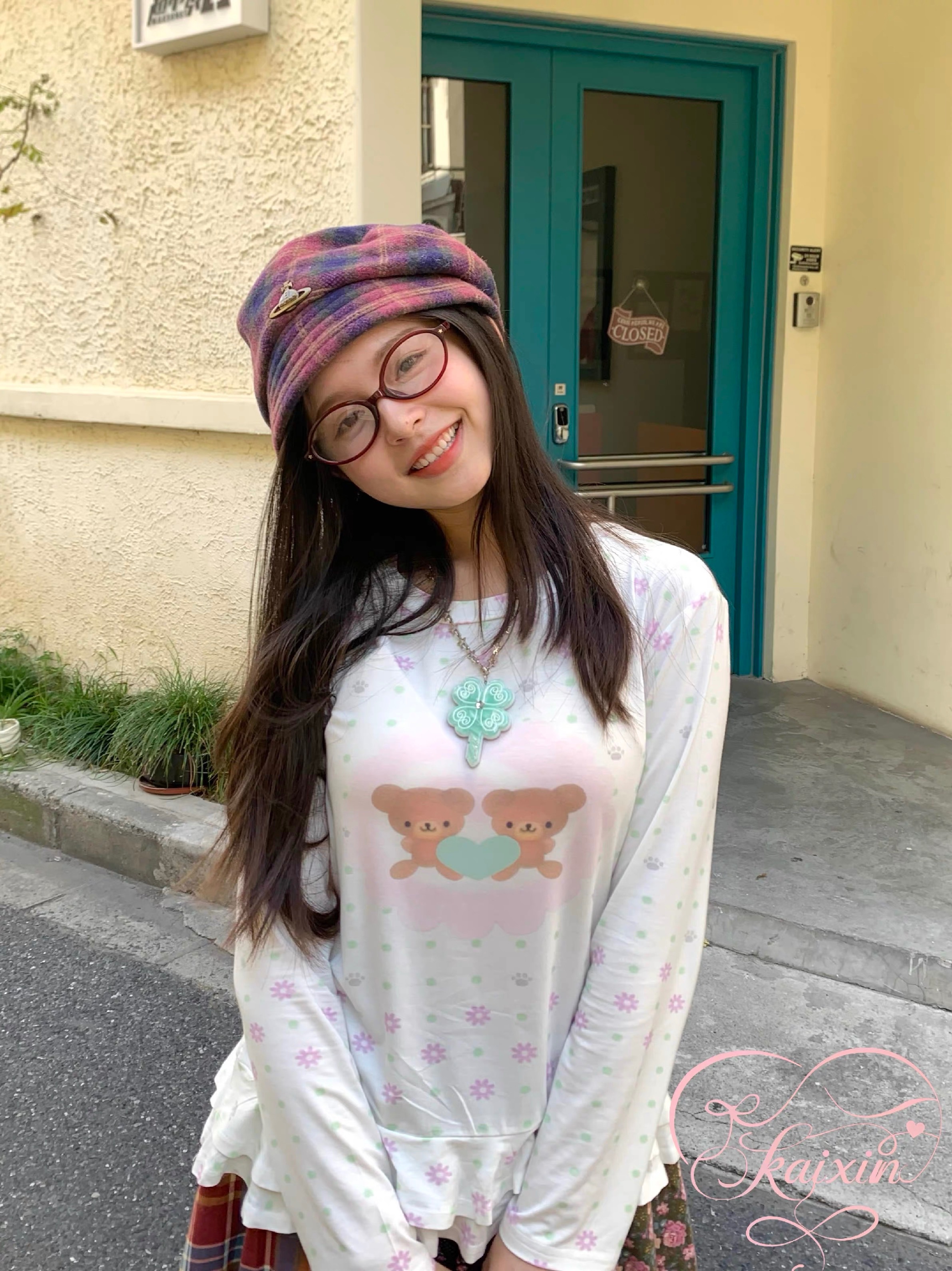 New🍓 花朵波點小熊愛心花邊長T