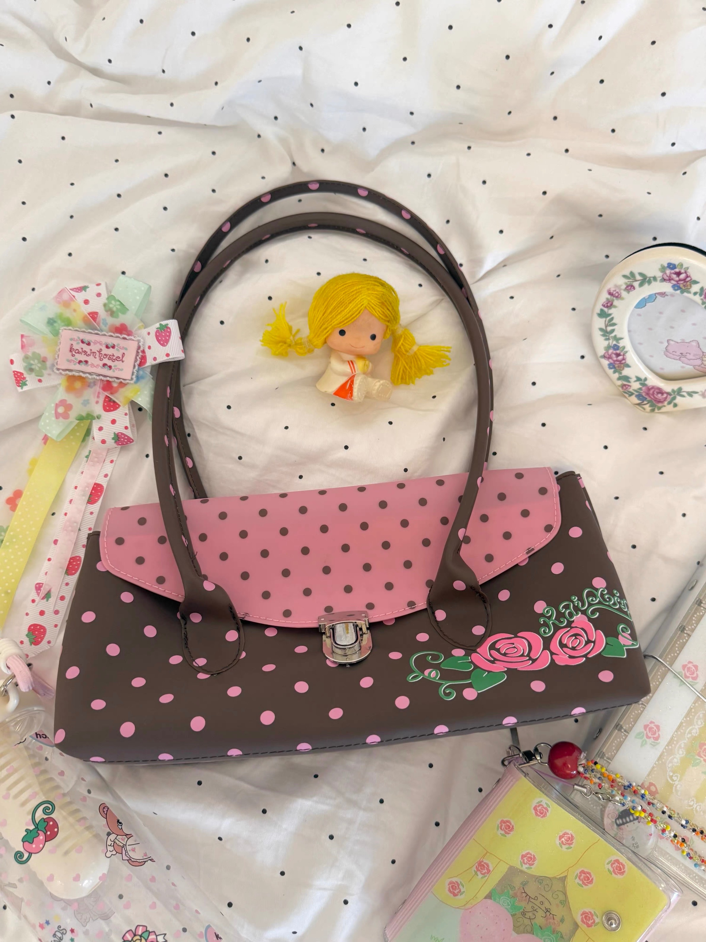 New💗 古早波點玫瑰磨砂果凍單肩包