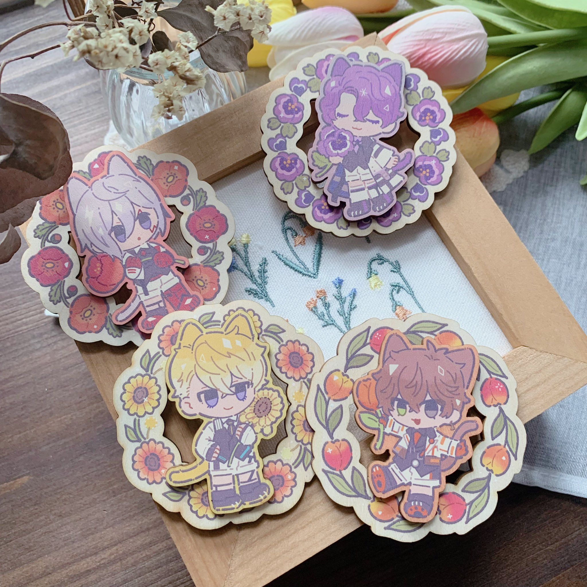 雙層木頭花圈胸針