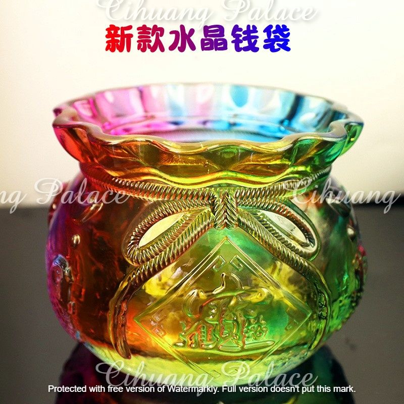 ☯鳳凰山脈 慈凰宮☯七彩水晶琉璃福袋聚寶盆 琉璃元寶 七彩琉璃錢袋聚寶盆 七彩水晶 水晶錢袋聚寶盆