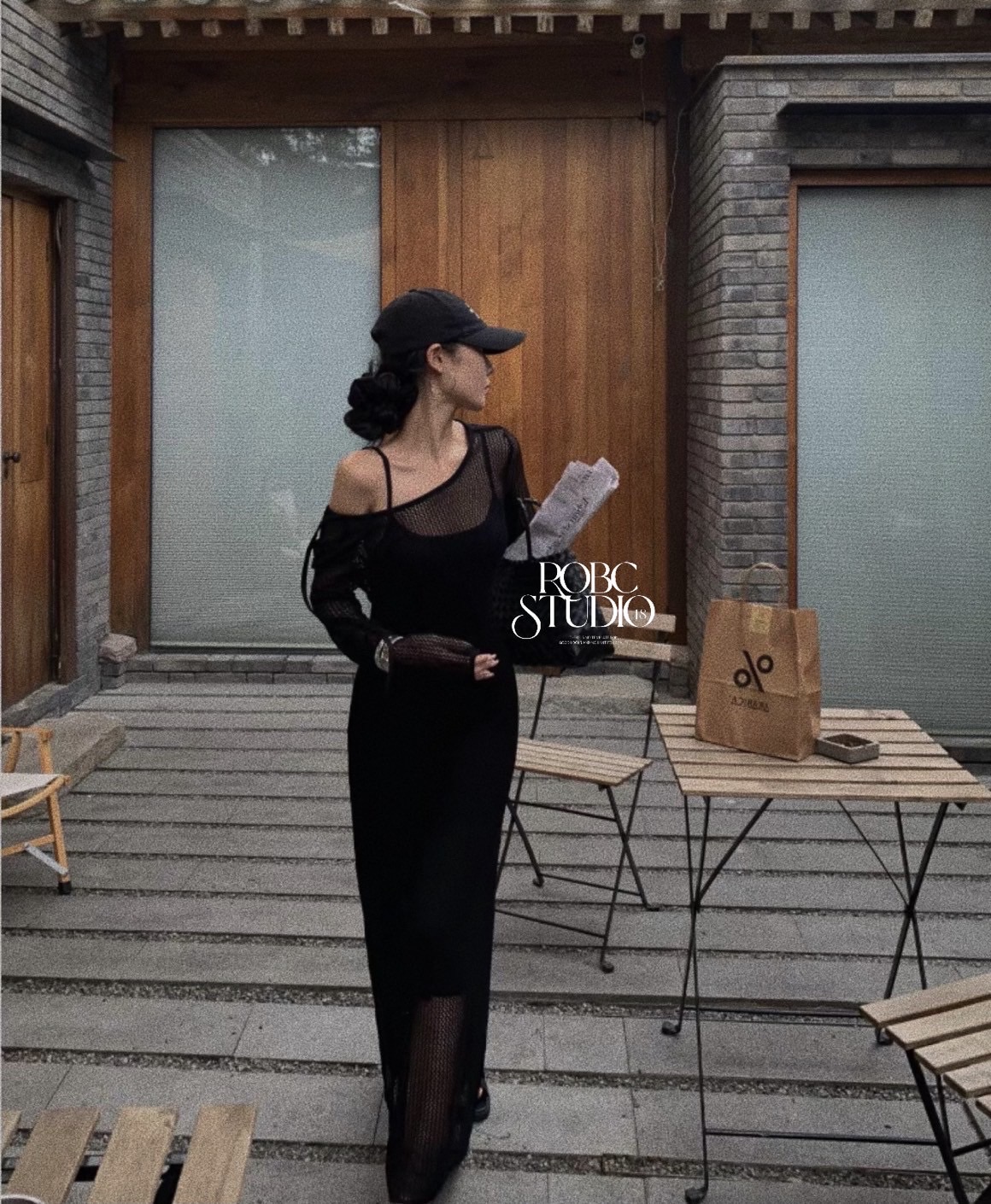 黑色斜肩長袖針織連衣裙🖤
