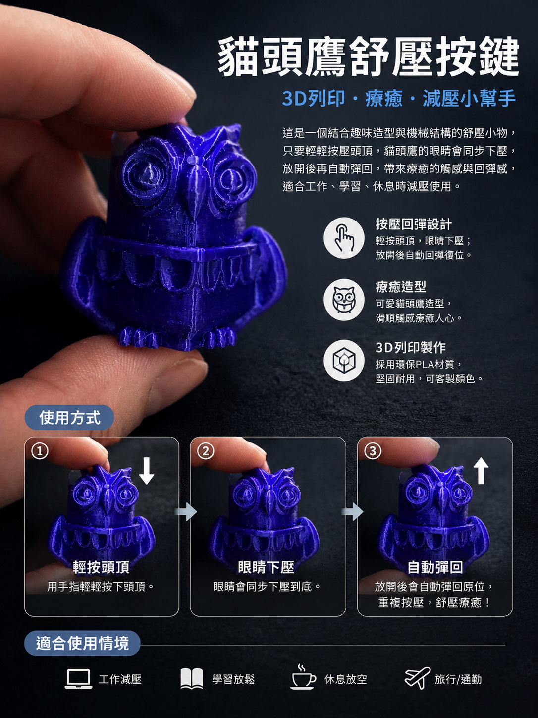 【3D列印】貓頭鷹按按樂