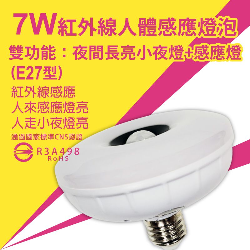 【明沛】7LED雙效感應燈（夜燈+感應燈）（E27銅頭式）-人到大燈即亮人走大燈滅小燈亮-白光黃光可選-MP6774